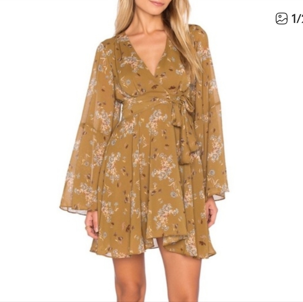 Free People Floral Lilou vneck Bell Sleeve Mini Wrap Dress